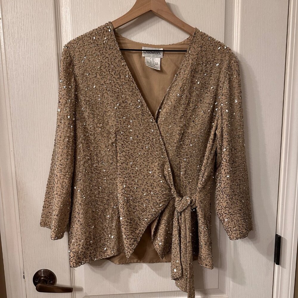 Chadwicks | Sz 12 All Over Sequin Beaded Champagne Wrap Jacket Shell Evening - Picture 1 of 10
